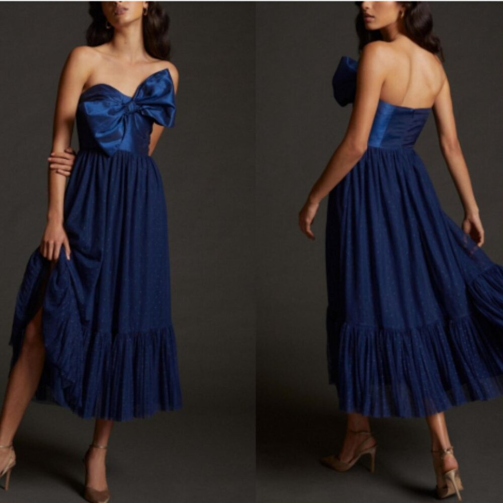 NWT Anthropologie Hutch Tulle Navy Bow Dress SZ 10 Coquette Formal strapless